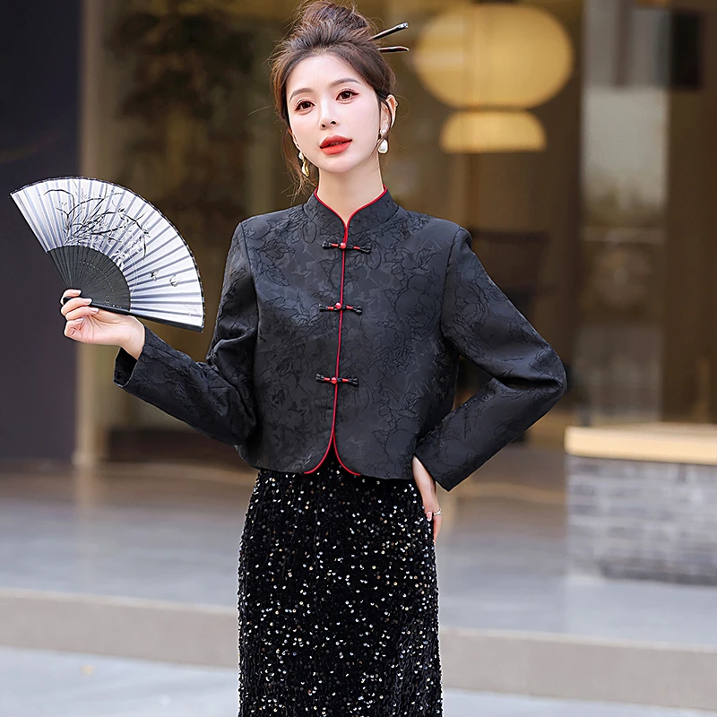 新中式唐装提花短外套女2025年春秋新款高级感气质小个子国风上衣
