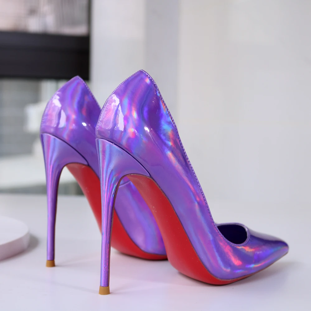 紫色镭射尖头高跟鞋超浅口细跟法式大小码红底宴会鞋13公分轻奢风