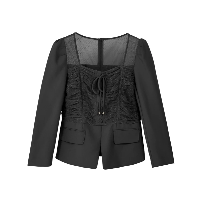 【她翼】春季衬衫蕾丝显瘦气质长袖短款黑色收腰拼接CF3231341143