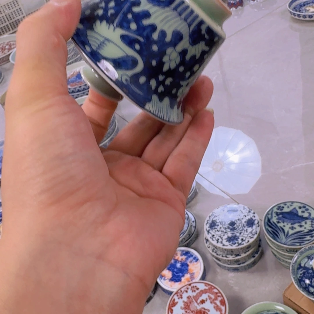 瓷片青釉一路连二才马蹄盖碗