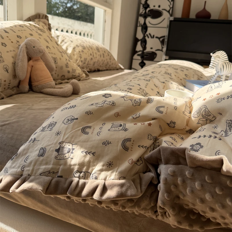 易安阁少女皱皱花边双层纱加豆豆绒动物园棉加绒四件套1.5m1.8米