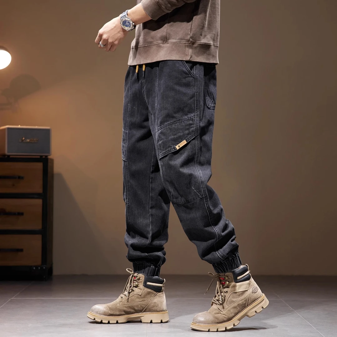高端美式重磅拼接牛仔裤男2025秋冬新款宽松复古束脚哈伦工装裤男