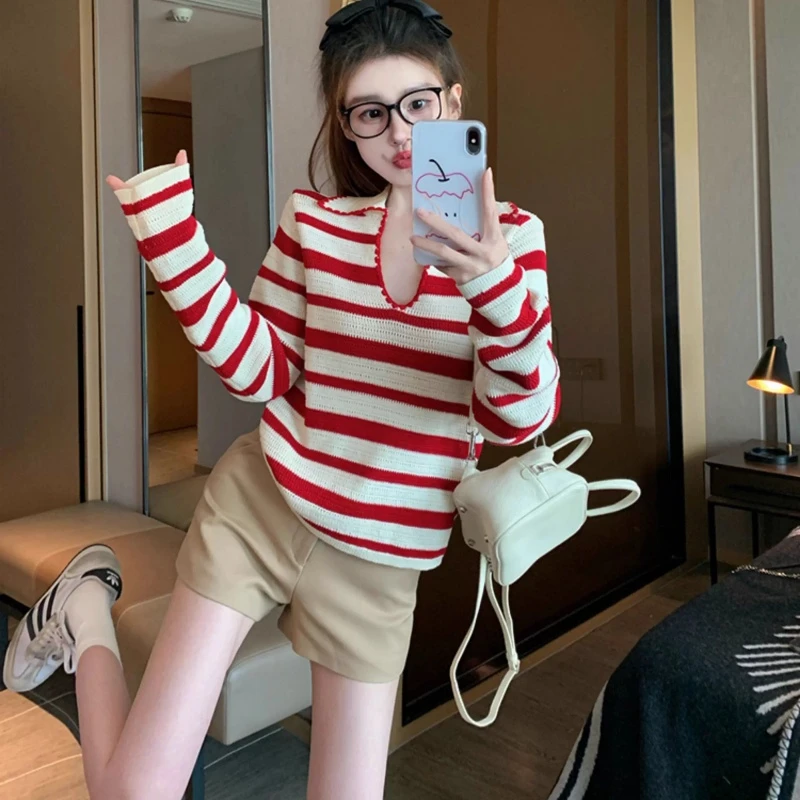 2025早秋新款女装红色条纹翻领针织衫上衣宽松慵懒风洋气长袖T恤