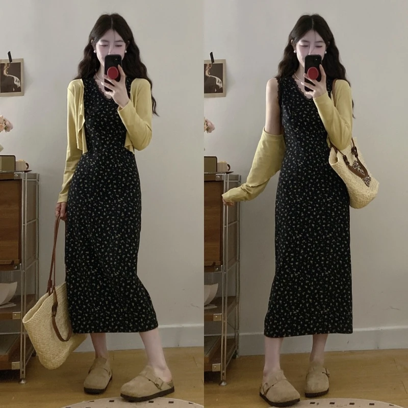 吊带裙夏季连衣裙长裙碎花高腰韩版新中式显瘦连衣裙开衫两件套