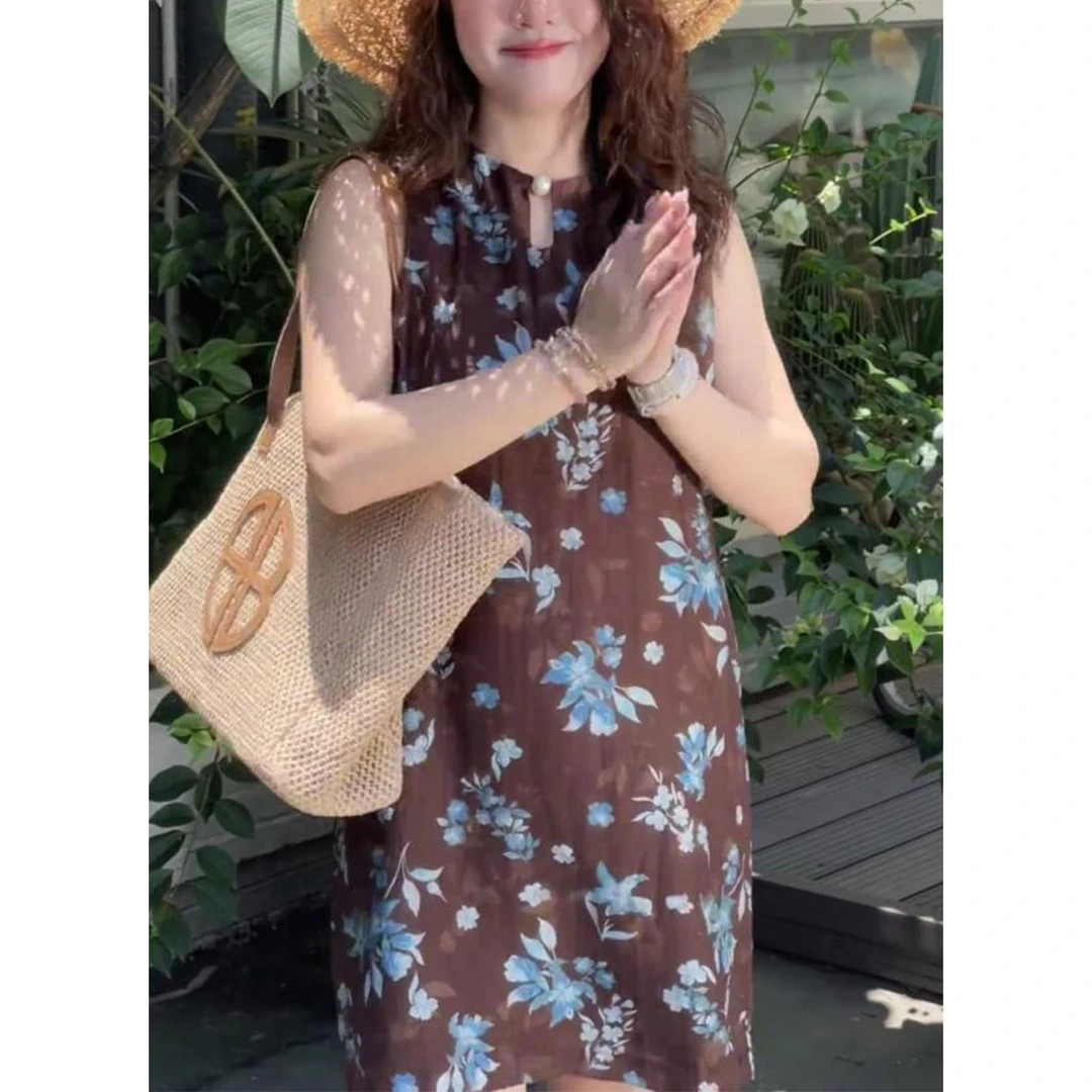 2025夏季新款小个子复古花朵背心连衣裙女洋气显瘦圆领无袖休闲裙
