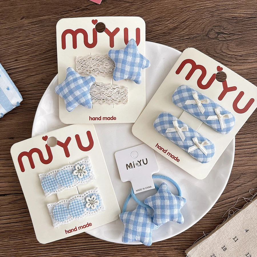 韩版甜美蓝色系蕾丝格纹星星女孩发夹bb夹侧边刘海少女发卡发绳