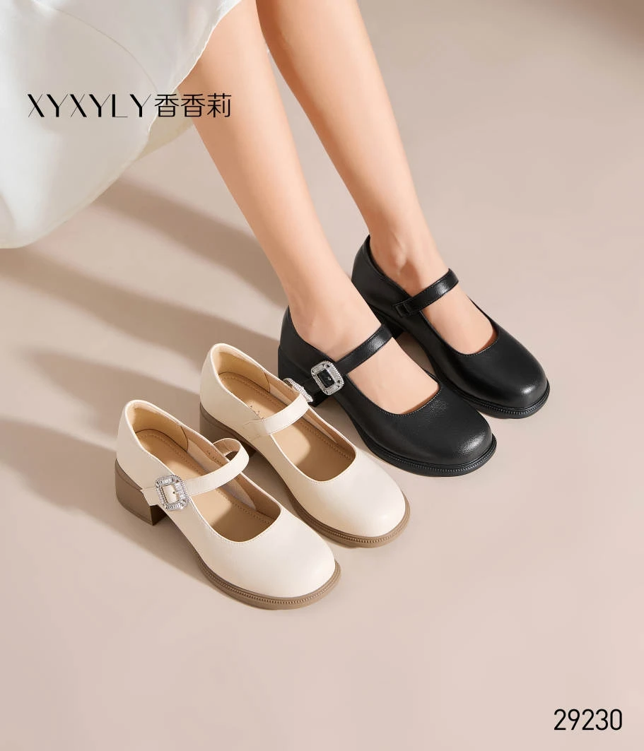 香香莉女鞋29230玛丽珍鞋粗跟高跟纯色魔术贴甜美复古黑色2025春
