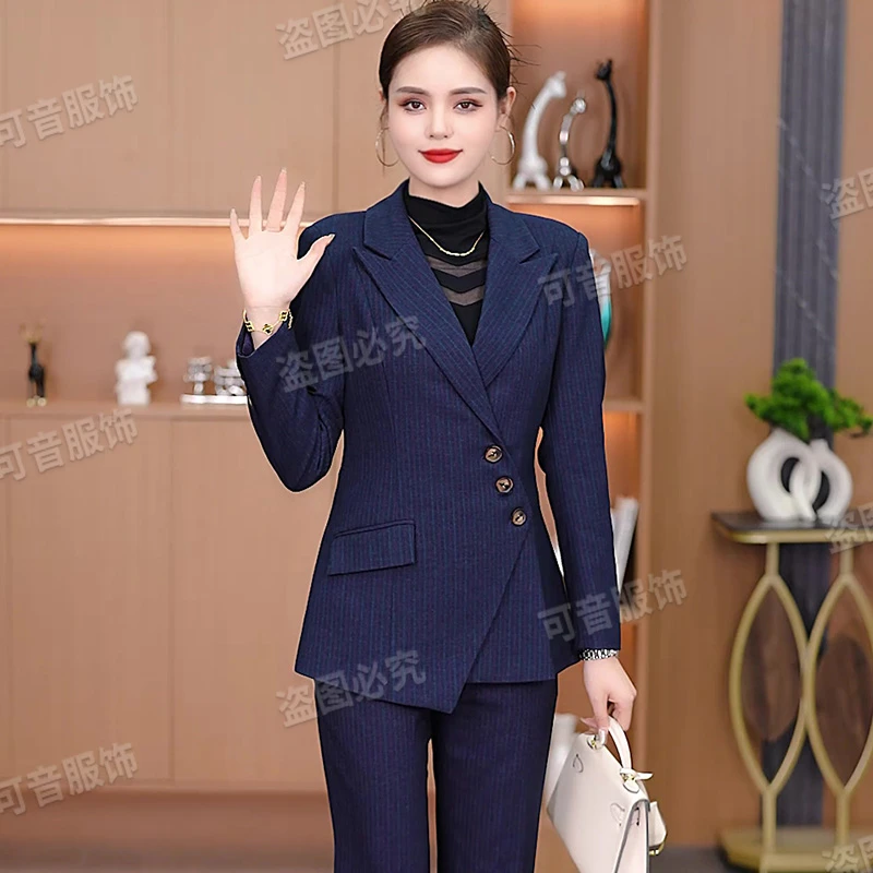 6383J1春秋款藏蓝色长袖商务气质时尚条纹英伦女士西服套装