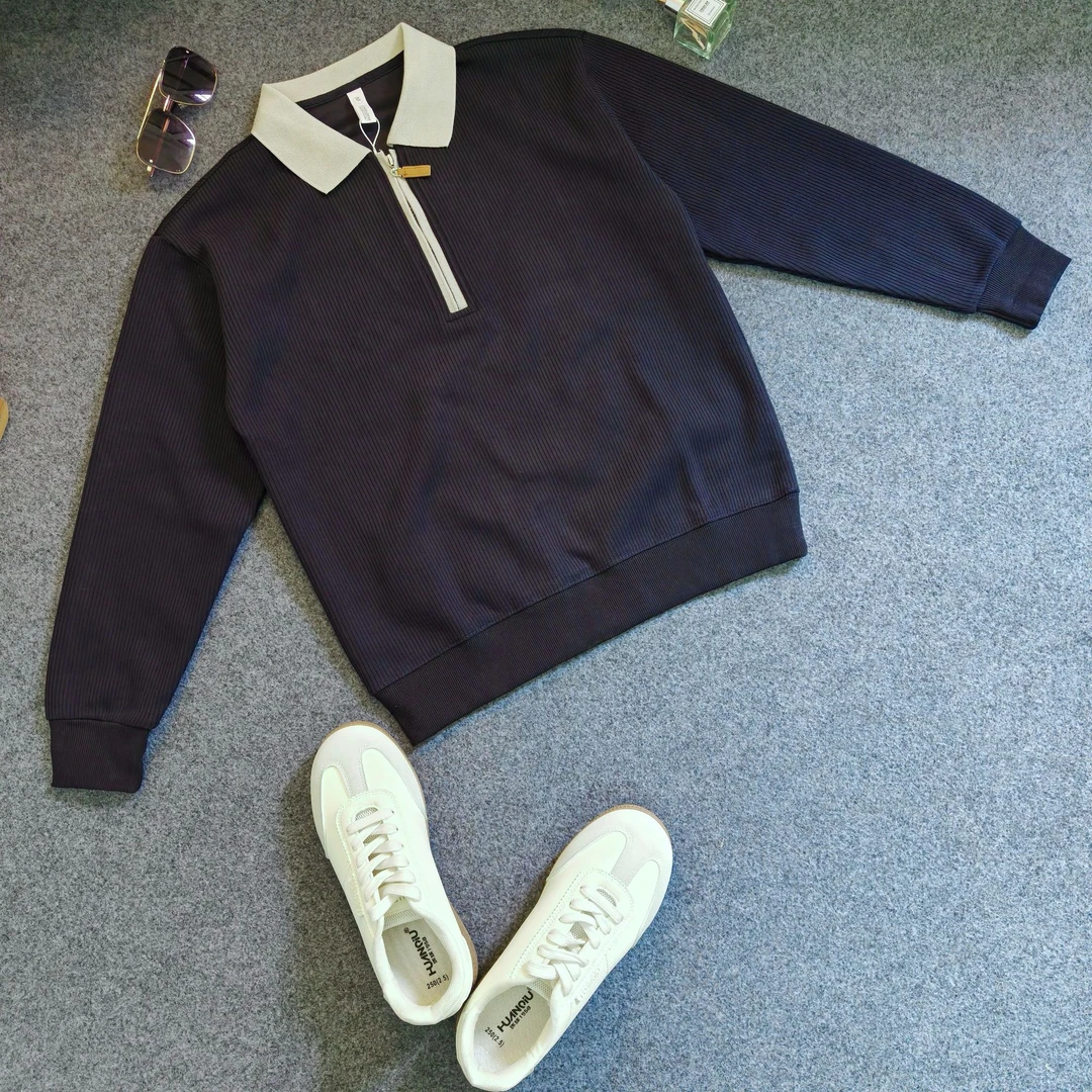 高定感撞色翻领半拉链针织POLO衫男秋冬竖纹肌理老钱风上衣