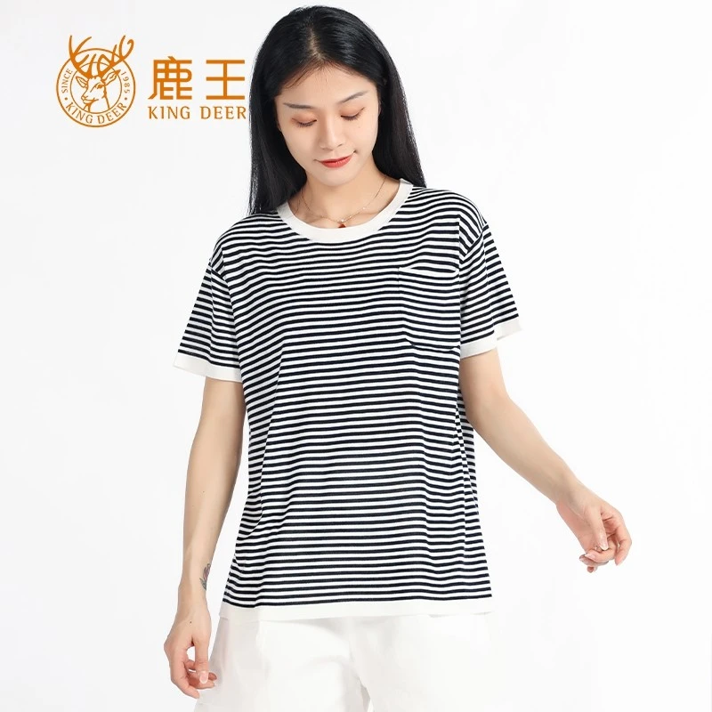 鹿王春夏新款女圆领桑蚕丝精纺混纺休闲条纹短袖针织T恤上衣 L057
