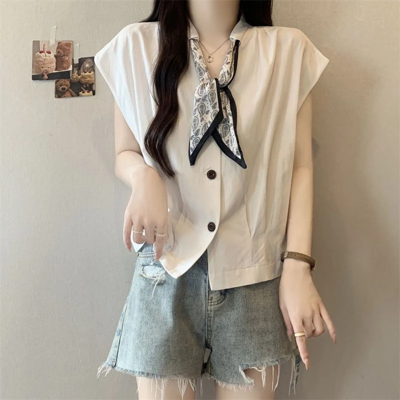 大码慵懒风V领丝巾无袖衬衫女夏季2025新款宽松显瘦休闲简约上衣