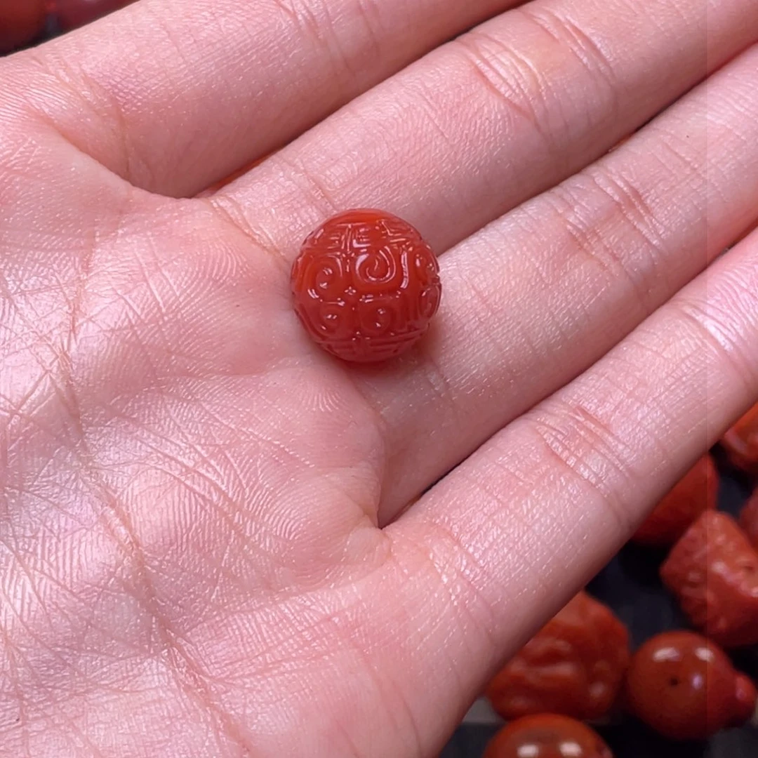 南红玛瑙其它未镶嵌不*兴y12.8mm瓦西辣椒红回纹单珠