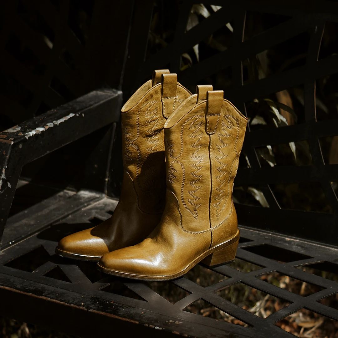 水洗马皮复古秋季中筒小个子V口显瘦尖头西部牛仔短靴不过膝长筒