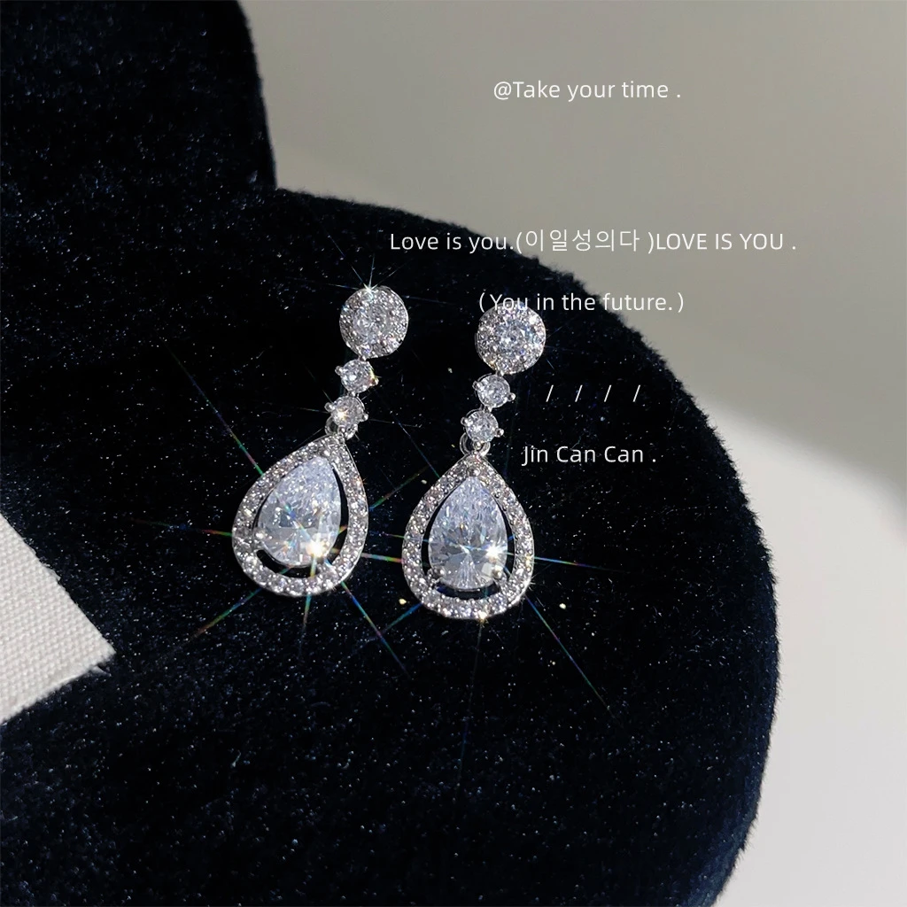 足银合成锆石耳饰微镶锆石晚宴风气质优雅长款水滴银针耳饰气质高