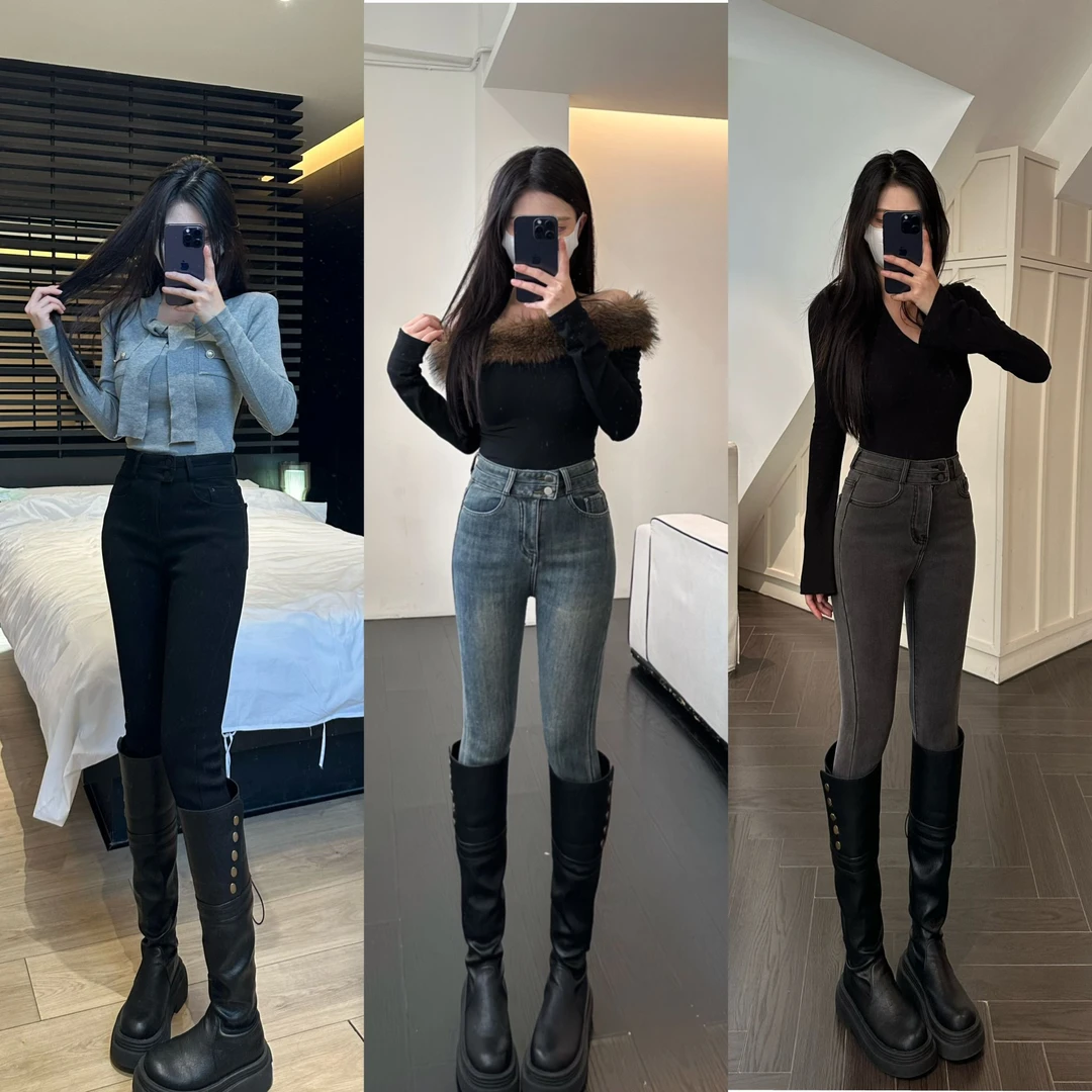 2024冬季新款高腰显瘦加绒保暖紧身牛仔裤女装蓝色窄版两粒扣裤子