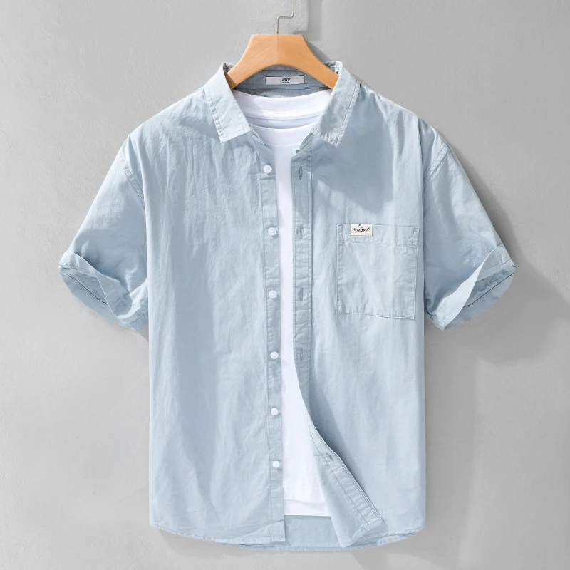 U&PURA男士纯棉短袖衬衫夏季薄款日系休闲潮流衬衣纯色百搭上衣服