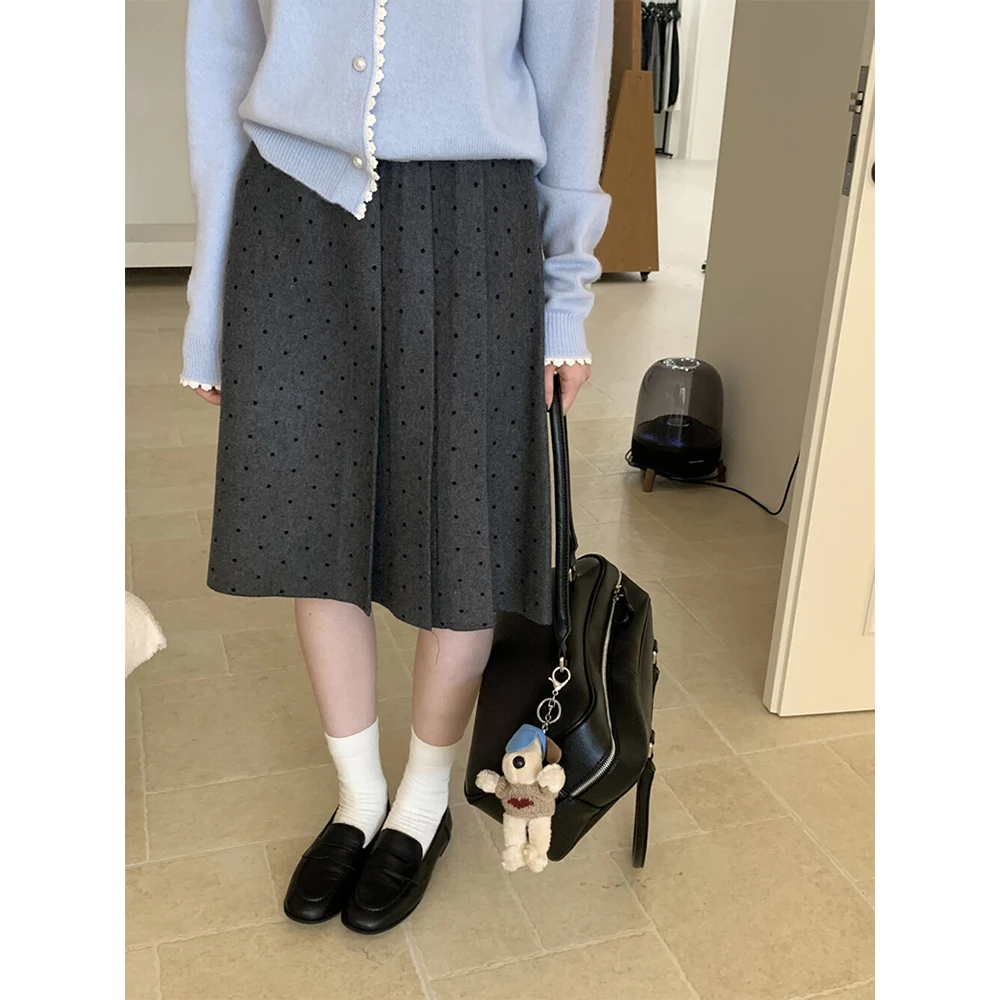 灰色韩版波点百褶裙女秋冬加厚高腰a字裙大码通勤毛呢中裙半身裙