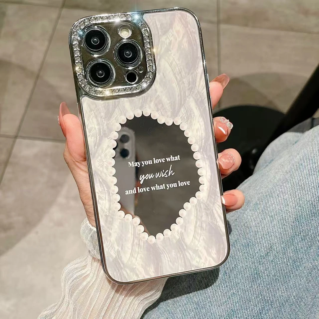 适用于苹果16/15/14/13梦境贝母轻奢补妆镜侧边满钻iphone手机壳