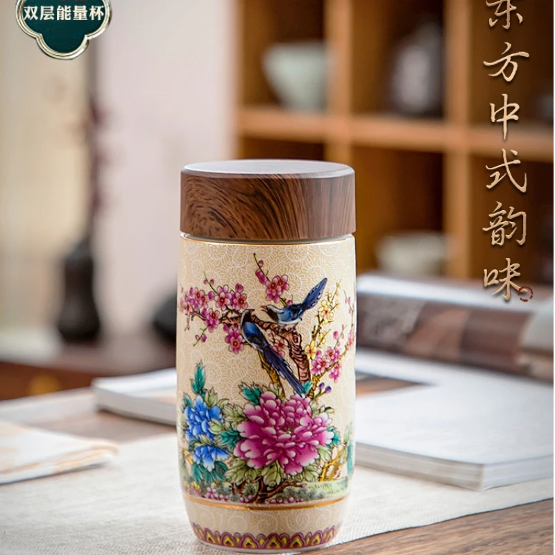 成艺陶瓷茶杯保温杯高档双层带盖带过滤网-4377