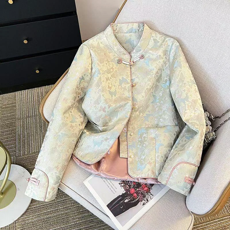（1）新中式国风外套缎面年轻款重工提花复古立领盘扣唐装上衣女春