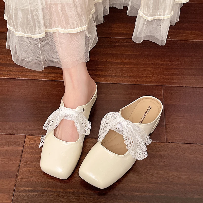 法式凉拖蝴蝶结蕾丝包头半拖鞋女夏季外穿2025新款方头玛丽珍单鞋