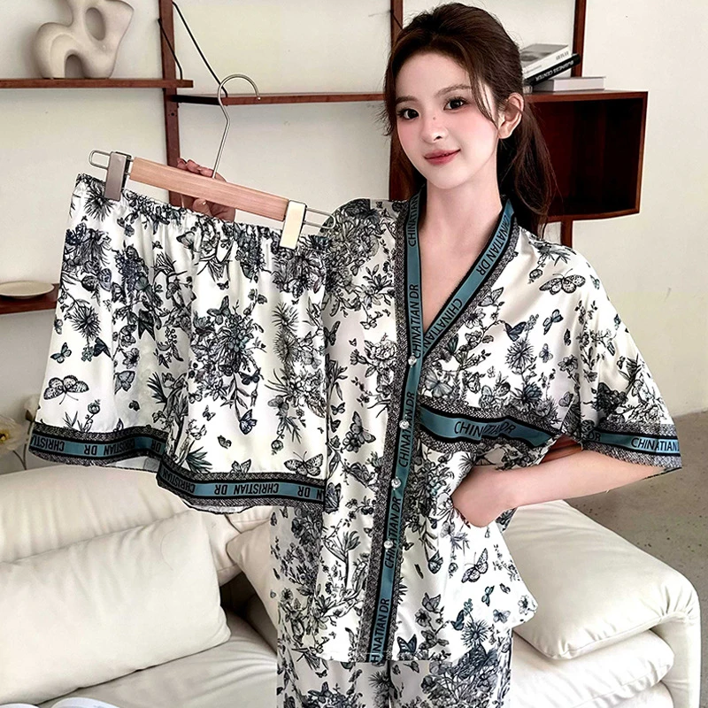 （D家蓝蝴蝶）冰雪丝V领印花短袖三件套睡衣女J家居服