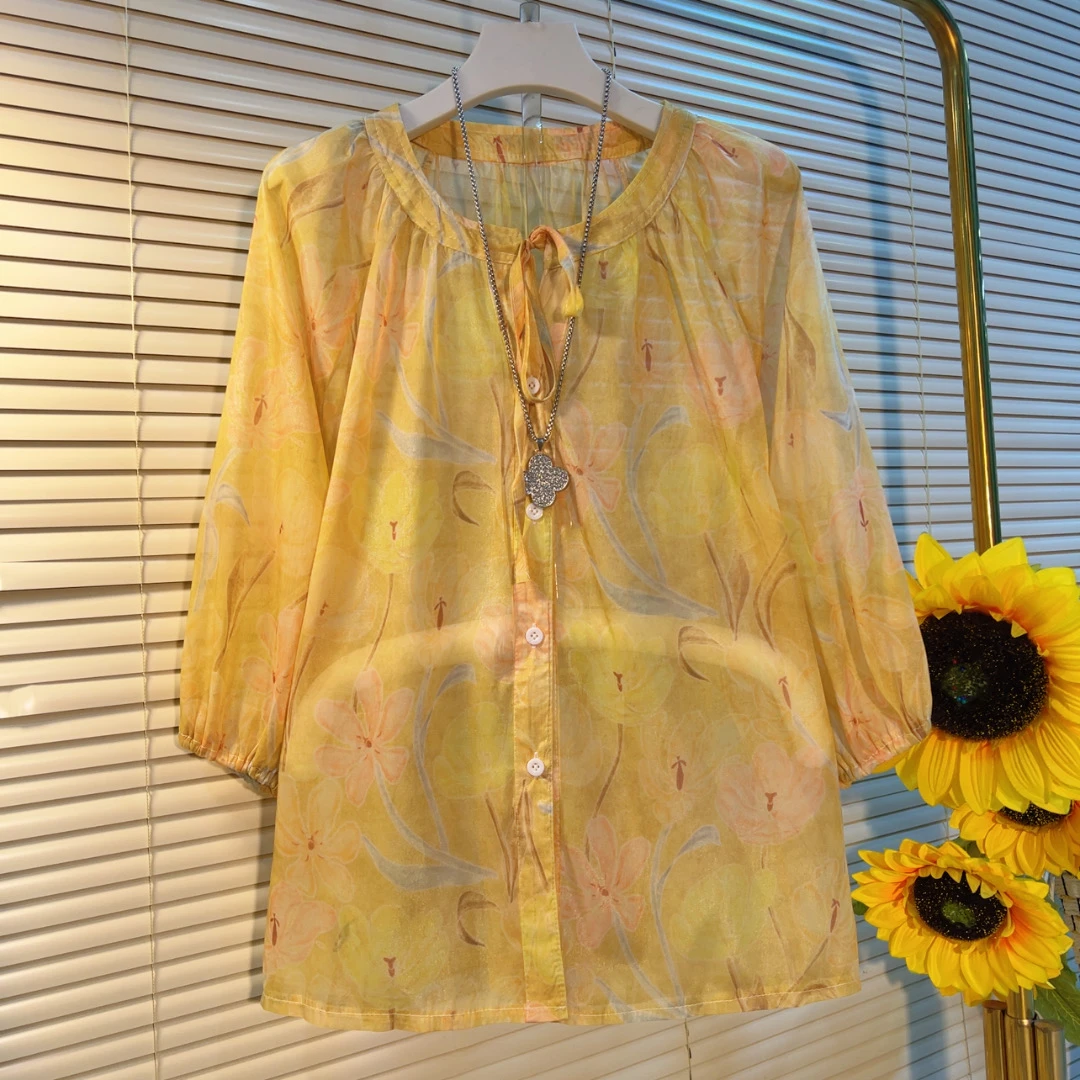 MS夏季新款碎花八分袖防晒上衣女