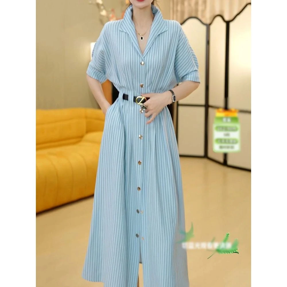 送腰带!气质减龄条纹五分袖连衣裙女2025夏季新款遮肚子显瘦A字裙