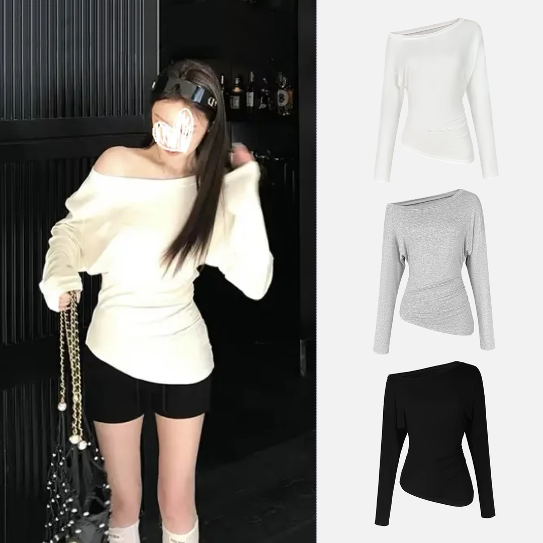 韩系简约时尚不规则褶皱堆叠感斜肩上衣  高腰百搭休闲短裤