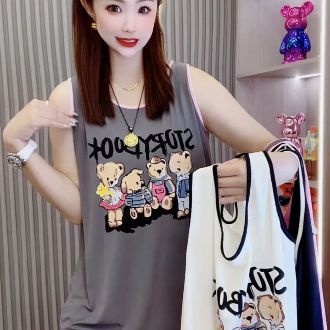 夏季大码可爱小熊无袖睡衣背心短裤套装宽松舒适薄款家居服