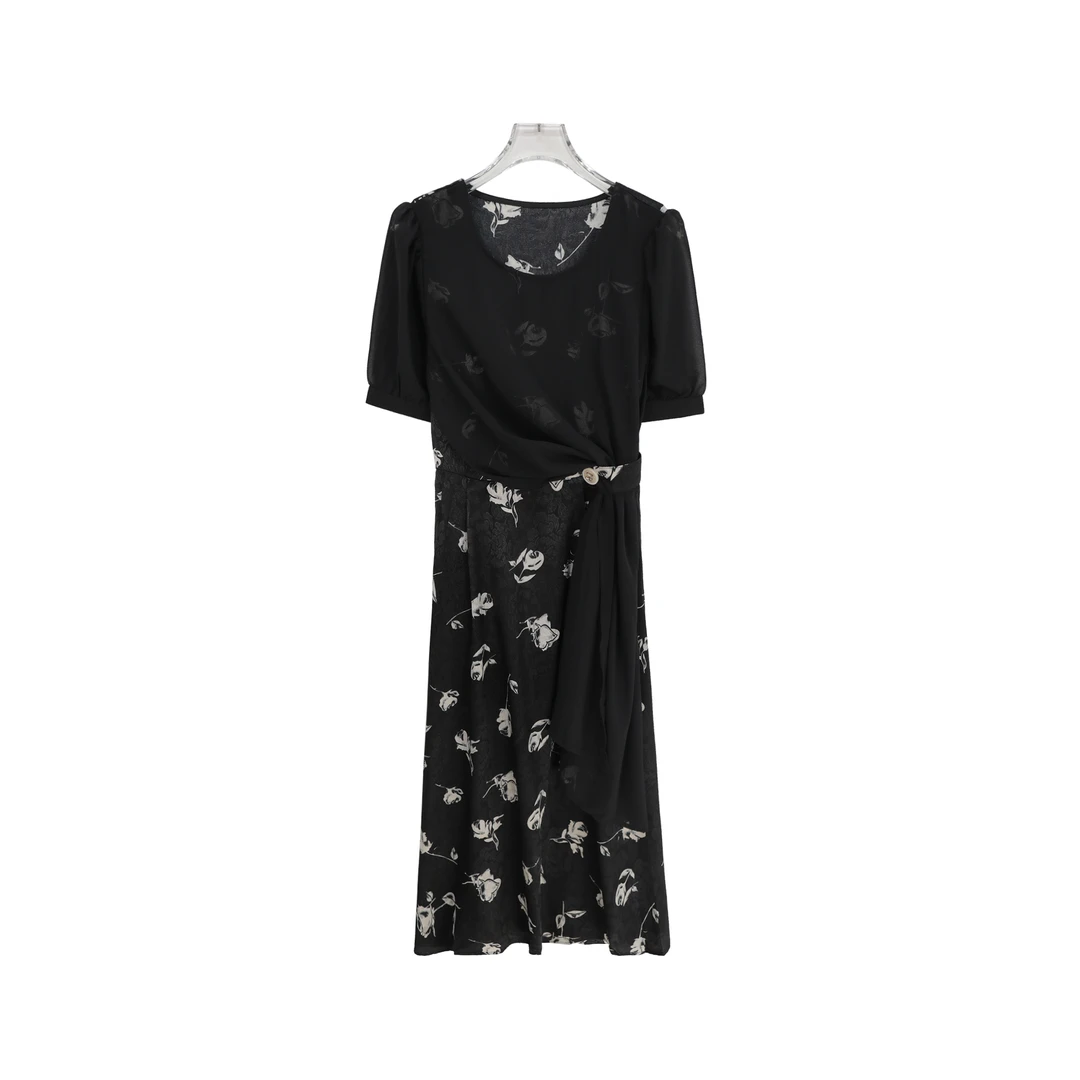 名媛优雅拼接花朵时尚气质连衣裙S523