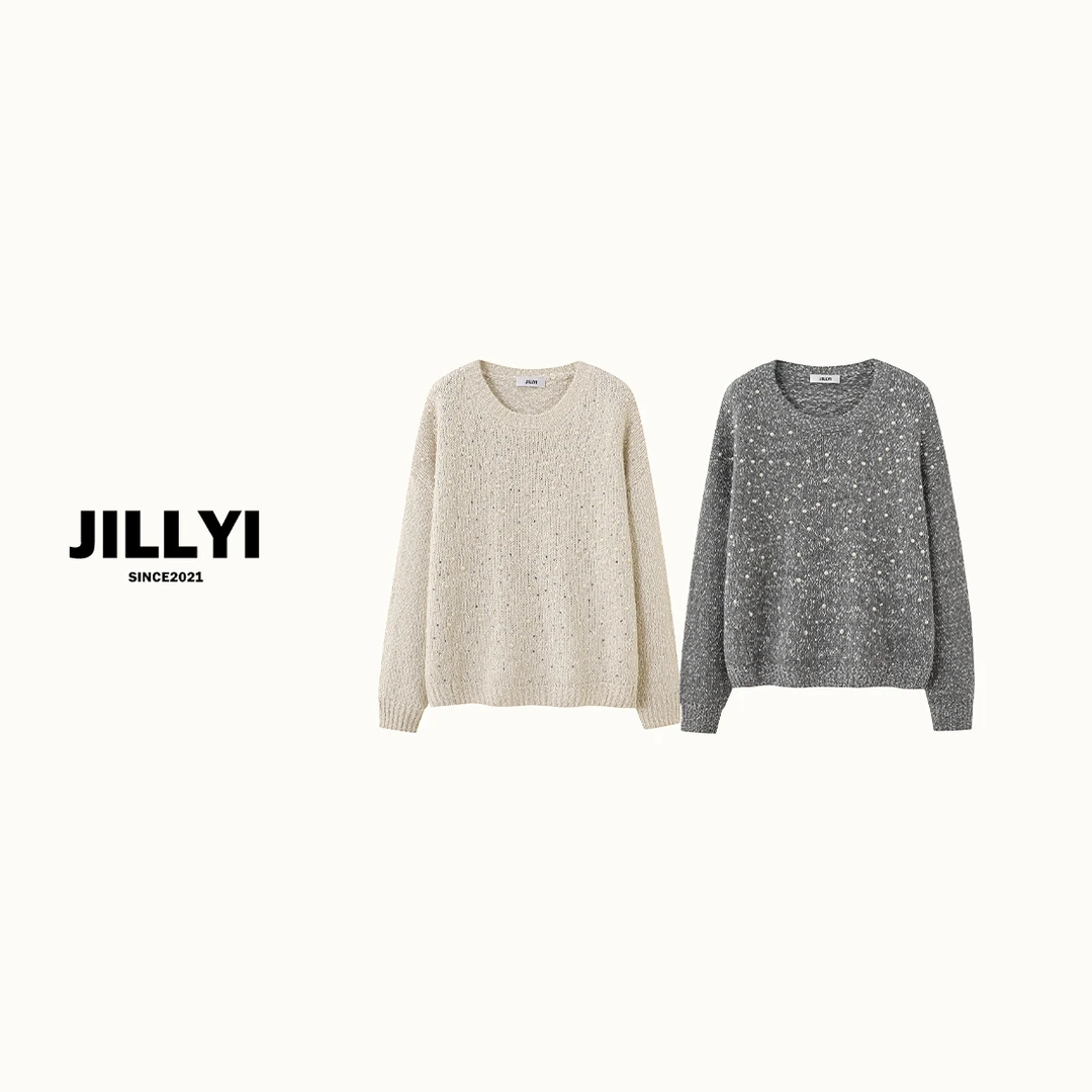 JILLYI【闪耀秘境】两色圆领手缝珍珠亮片时尚气质针织衫秋季