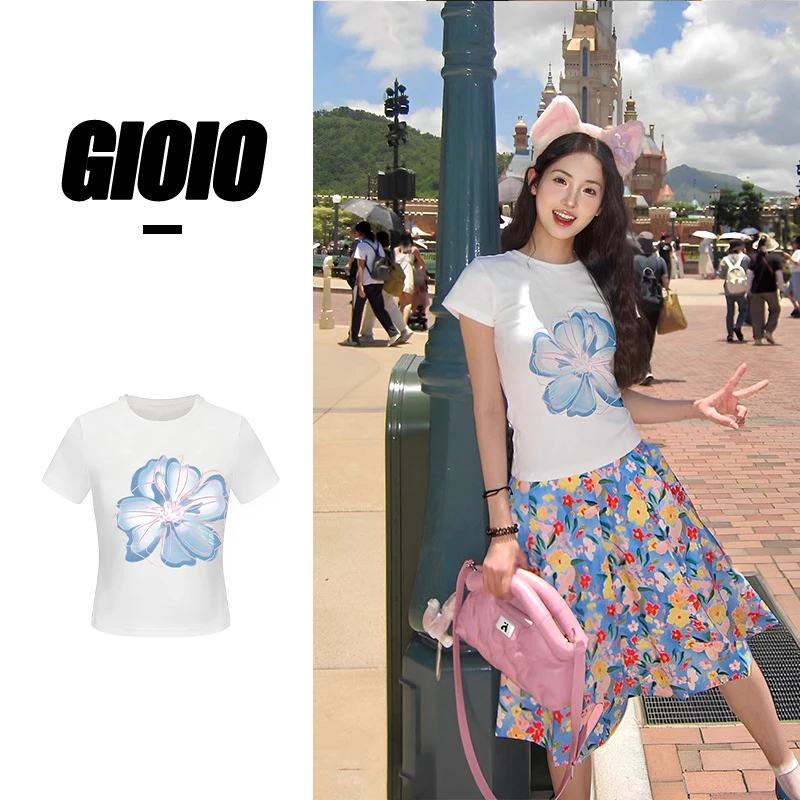 夏季美式辣妹正肩显瘦短袖印花时尚纯欲风露肩上衣女短款T恤