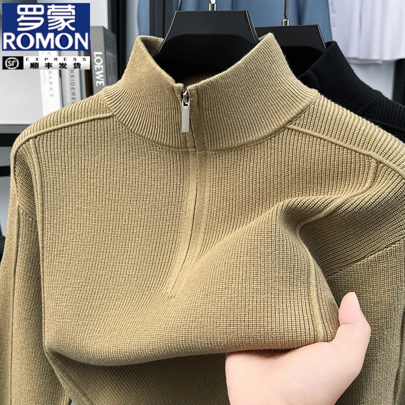 罗蒙新款男士秋冬立领半拉链针织衫时尚休闲百搭宽松套头打底毛衣