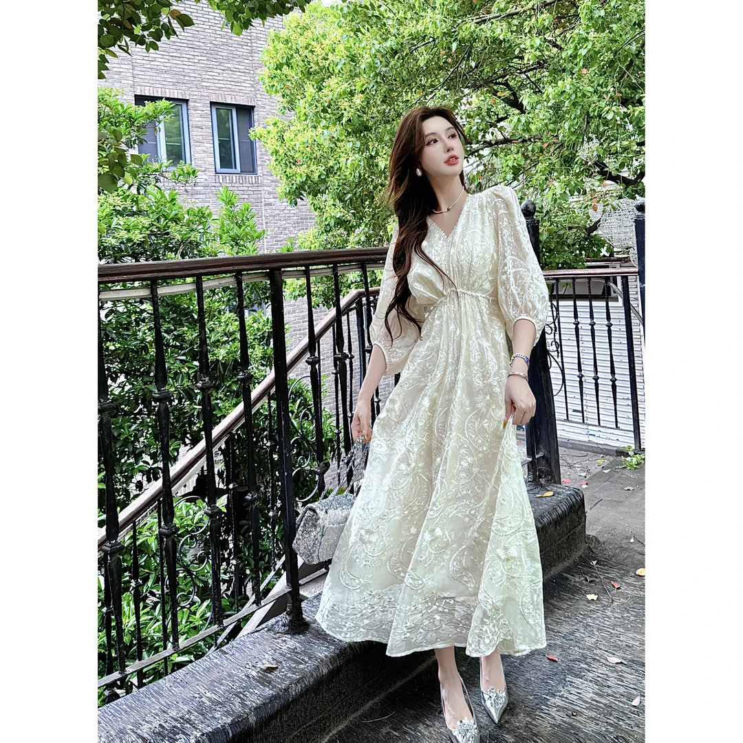 洋洋●C4LYQ5821A法式气质小香风中长连衣裙莫奈花园风