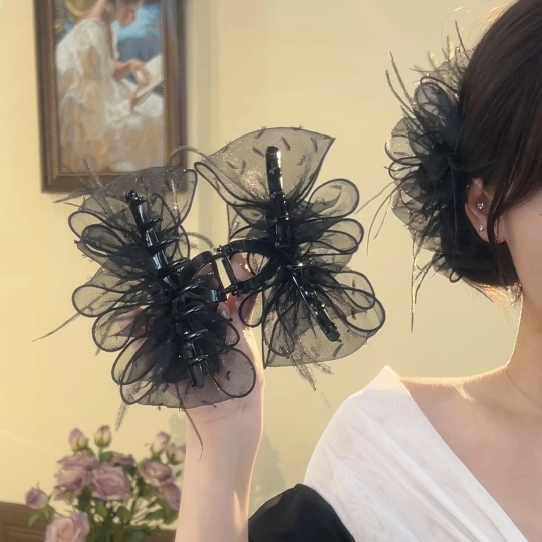 【夏日泡泡】森系仙美古风网纱蝴蝶结羽毛抓夹发夹后脑勺鲨鱼夹