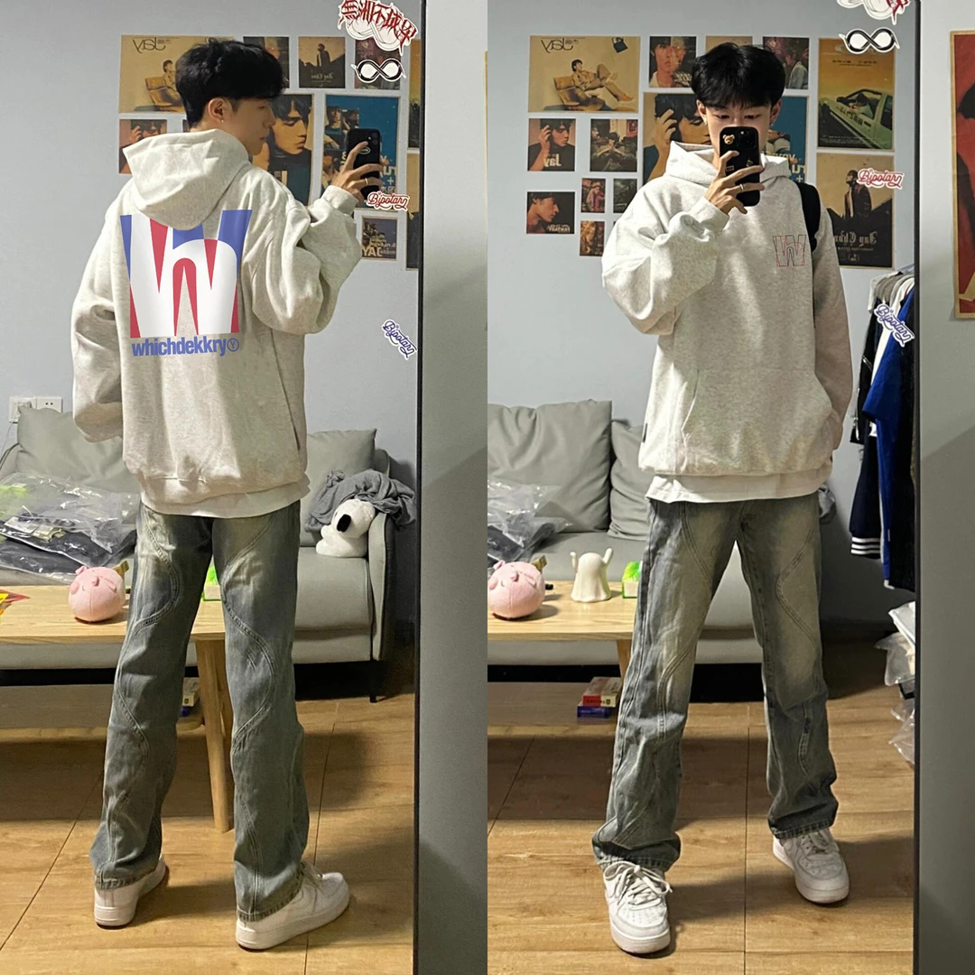 美式简约彩色个性字母印花连帽卫衣男女秋冬季休闲宽松情侣上衣