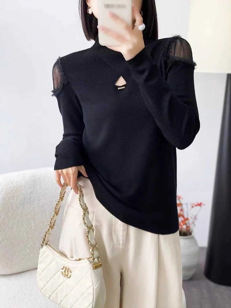 【秋冬新款】MT‘ 肩纱搂空半高领毛衣’ 长袖修身显瘦内搭打底衫洋气