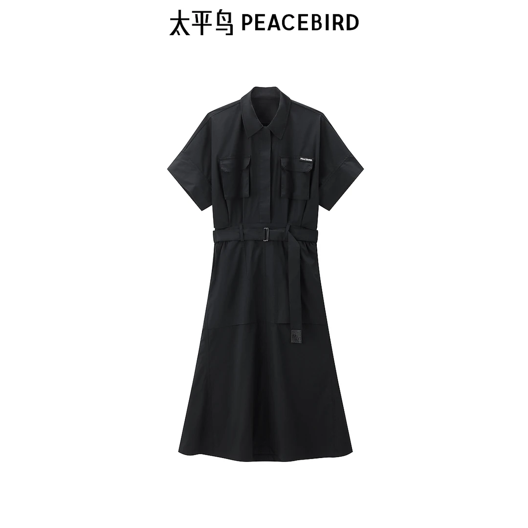 【丽公主专属】太平鸟工装风翻领连衣裙夏新款收腰长款裙A3FAE3801