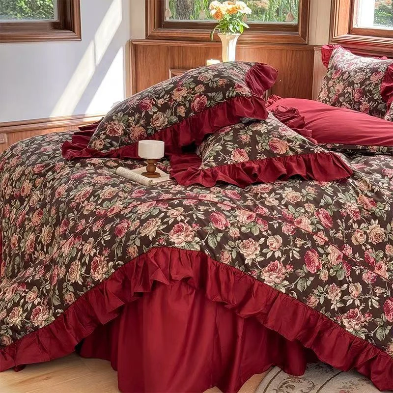 皇后娘娘欧美法式风3D数码印花四件套韩式荷叶边床单被套床裙款