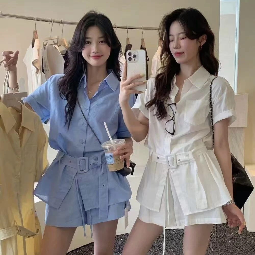 Cute Club 甜美风简约纯色收腰短袖衬衫夏季宽松显瘦休闲短裤套装