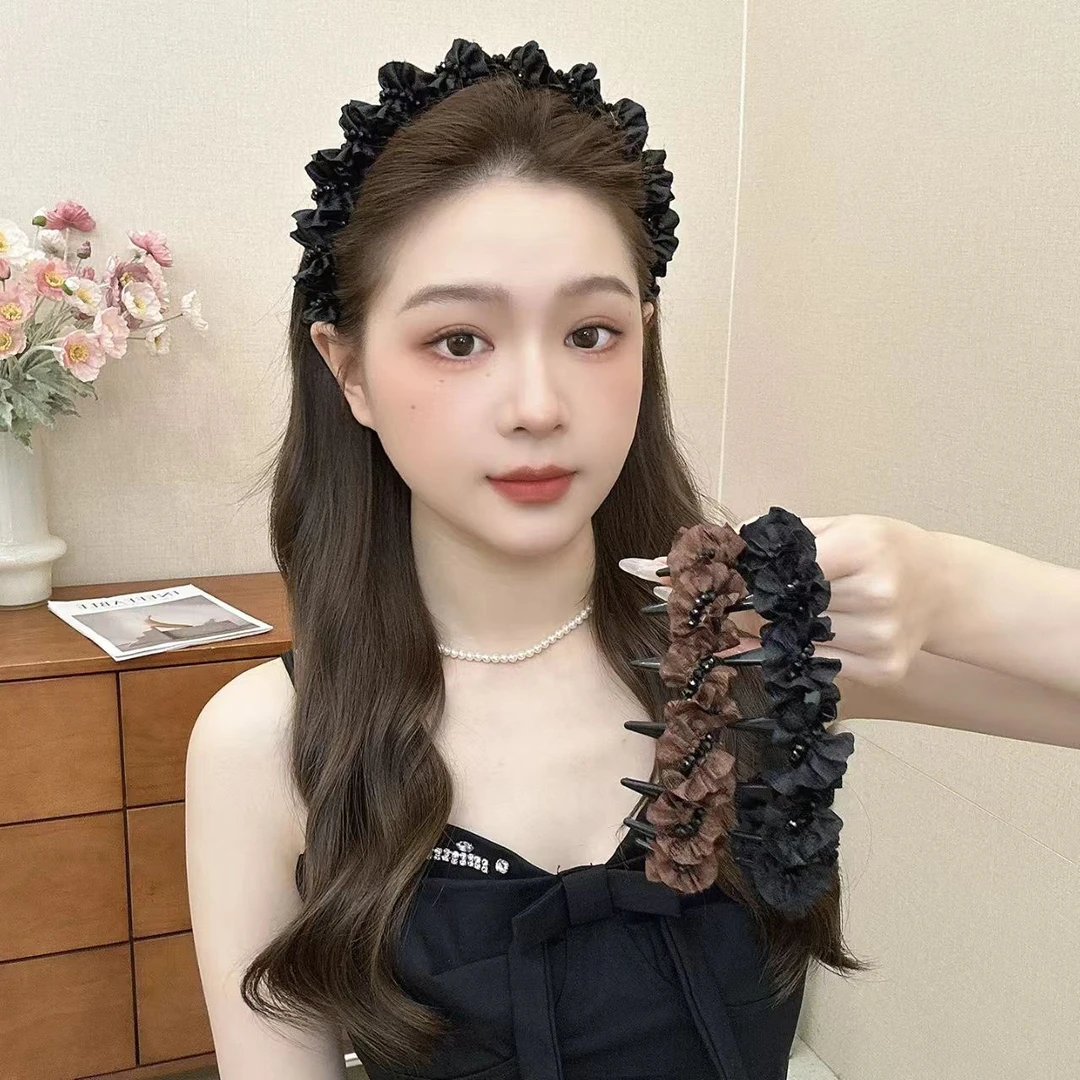 法式网纱褶皱发箍2025新款气质甜美高颅顶压发防滑倒插头箍发饰女