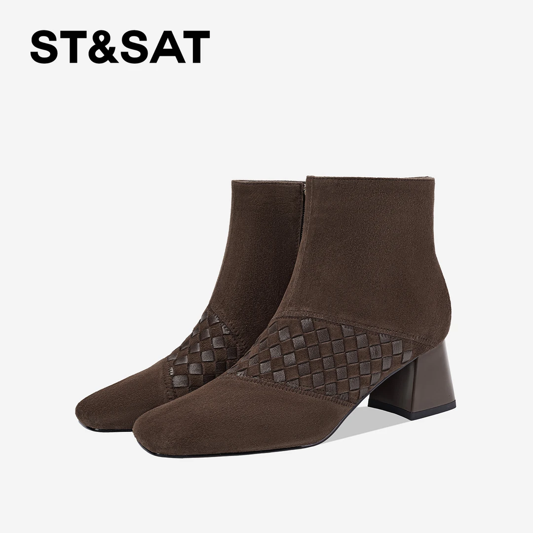 St&Sat/星期六气质秋冬短靴粗跟编织百搭女靴方头时尚高跟时装靴