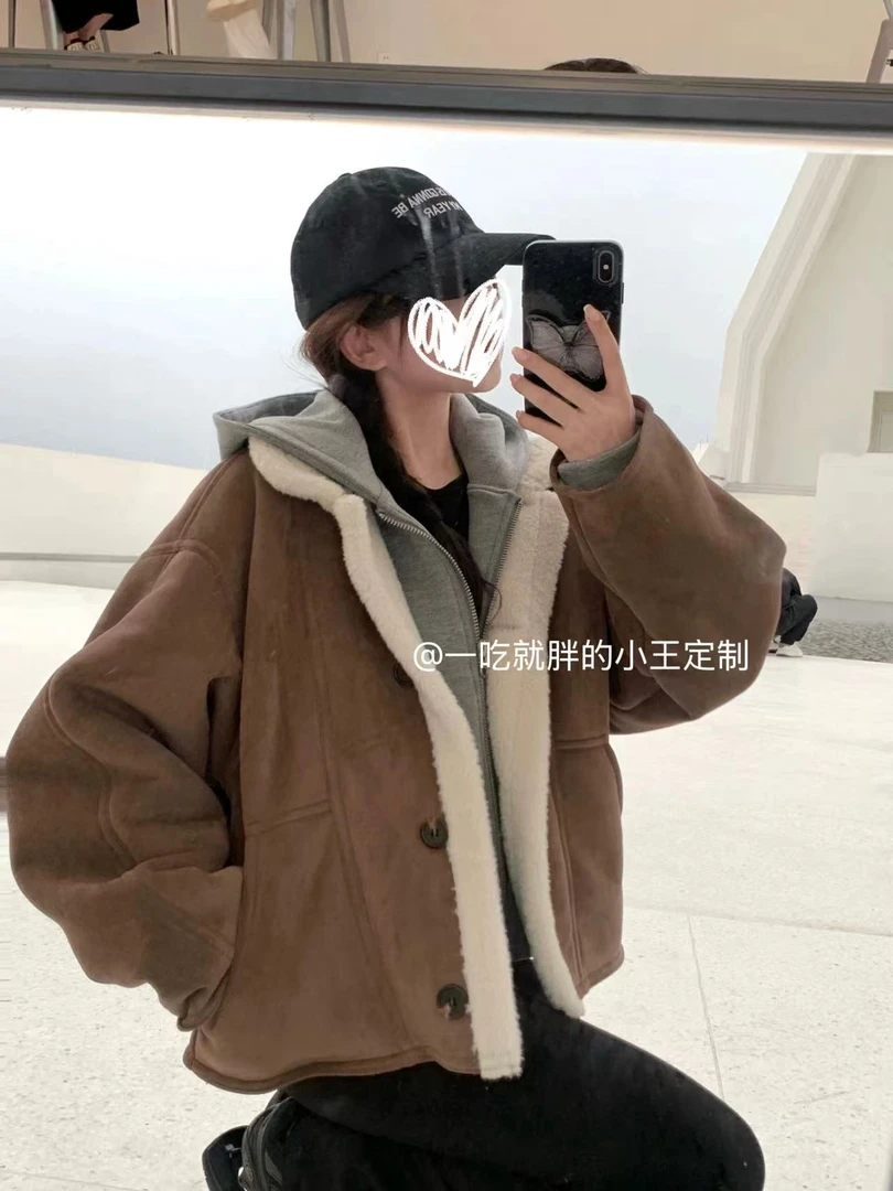 【小王家】翻领女韩版落肩袖羊羔绒直下摆宽松短外套休闲厚款鹿皮绒