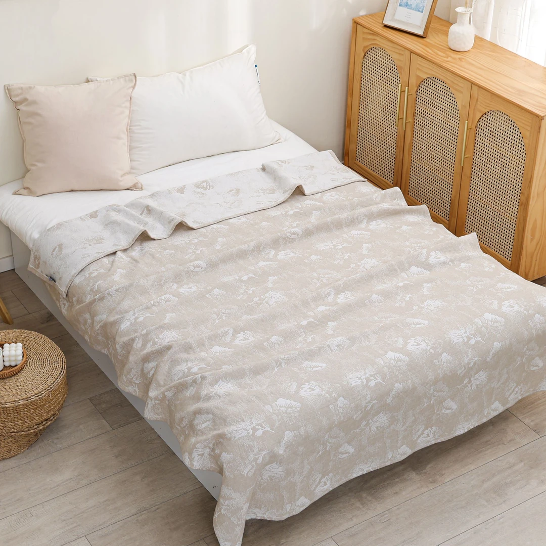 咖色水墨画--150*200纯棉多层纱布加厚床盖盖毯