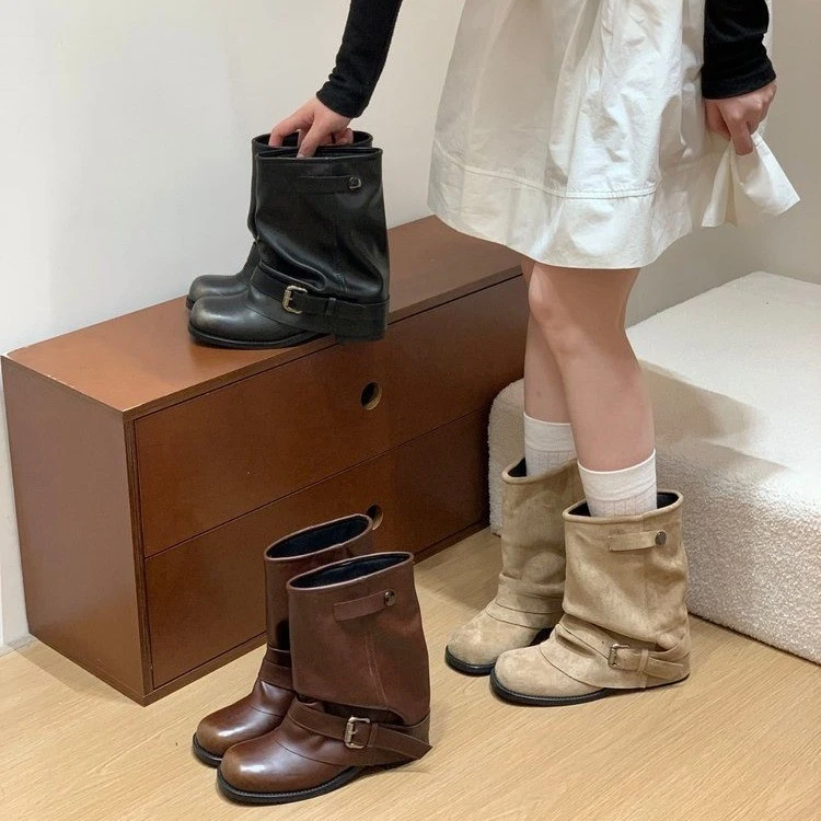 短靴女款秋2025新款皮带扣粗跟牛仔靴马丁靴穿搭褶皱堆堆裤管靴子