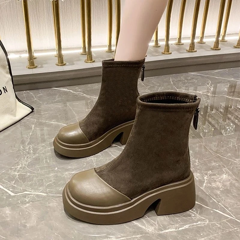 YY-1方跟马丁靴女秋冬短靴女靴厚底复古秋季瘦瘦靴粗跟弹力冬季