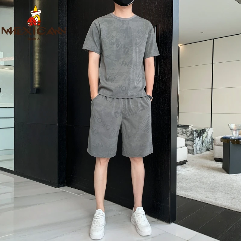 Mexican/稻草人夏季休闲运动套装薄款男士透气T恤短袖+裤子两件套