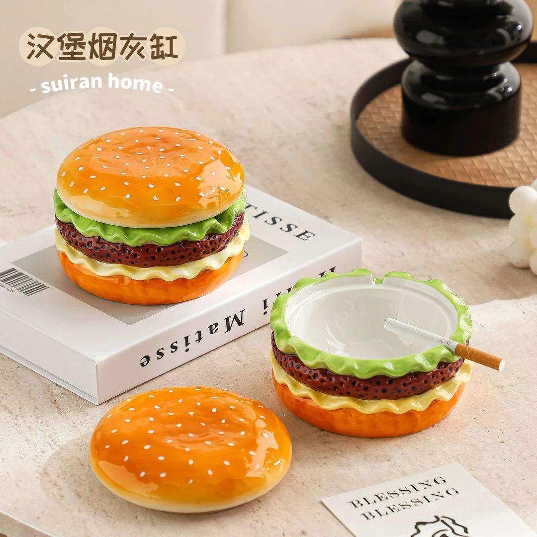 盈璨创意汉堡烟灰缸带盖防灰飞高端大气客厅家用办公室陶瓷烟缸高