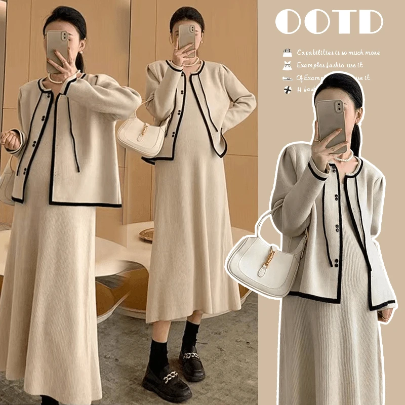 孕妇秋冬韩版时尚小香风开衫搭配吊带裙洋气宽松套装BB